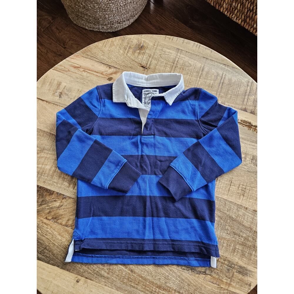 LANDS' END Boys Henley Blue Stripe Knit Size 5/6 Blue White Collar‎